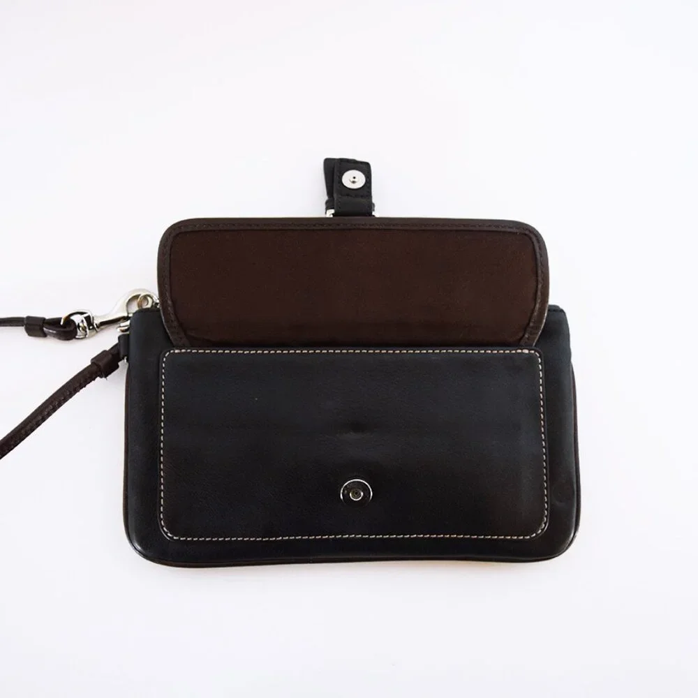 Coach Black Leather Wristlet With Brown Trim